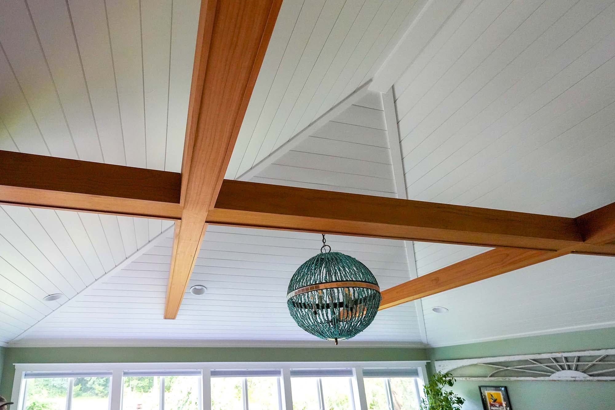 Sunroom Ceiling. Sunroom ceiling with crisp white shiplap and exposed wood beams, Franconia, PA