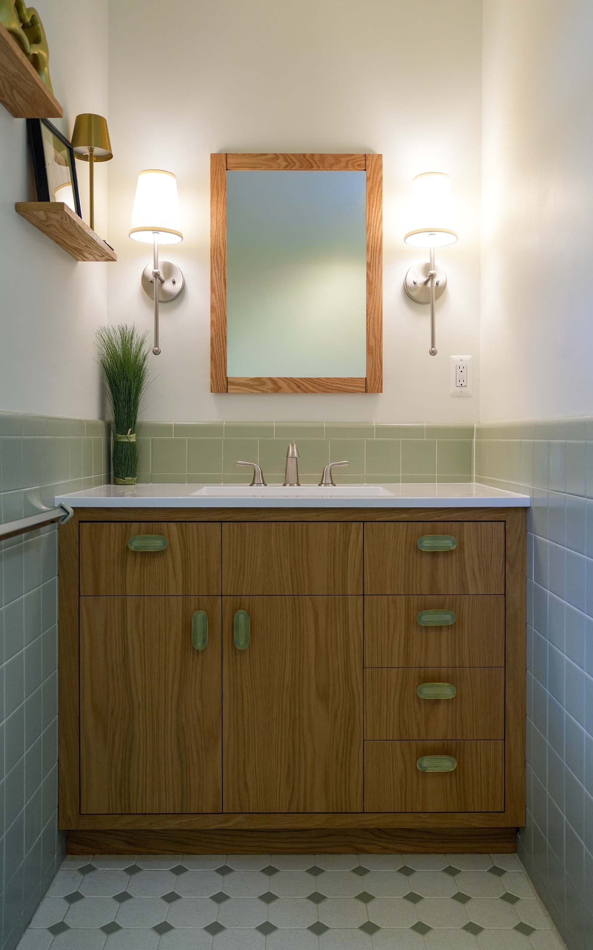 Minty Walnut Refresh. Bathroom refresh with handcrafted walnut vanity and mint tile, Franconia, PA
