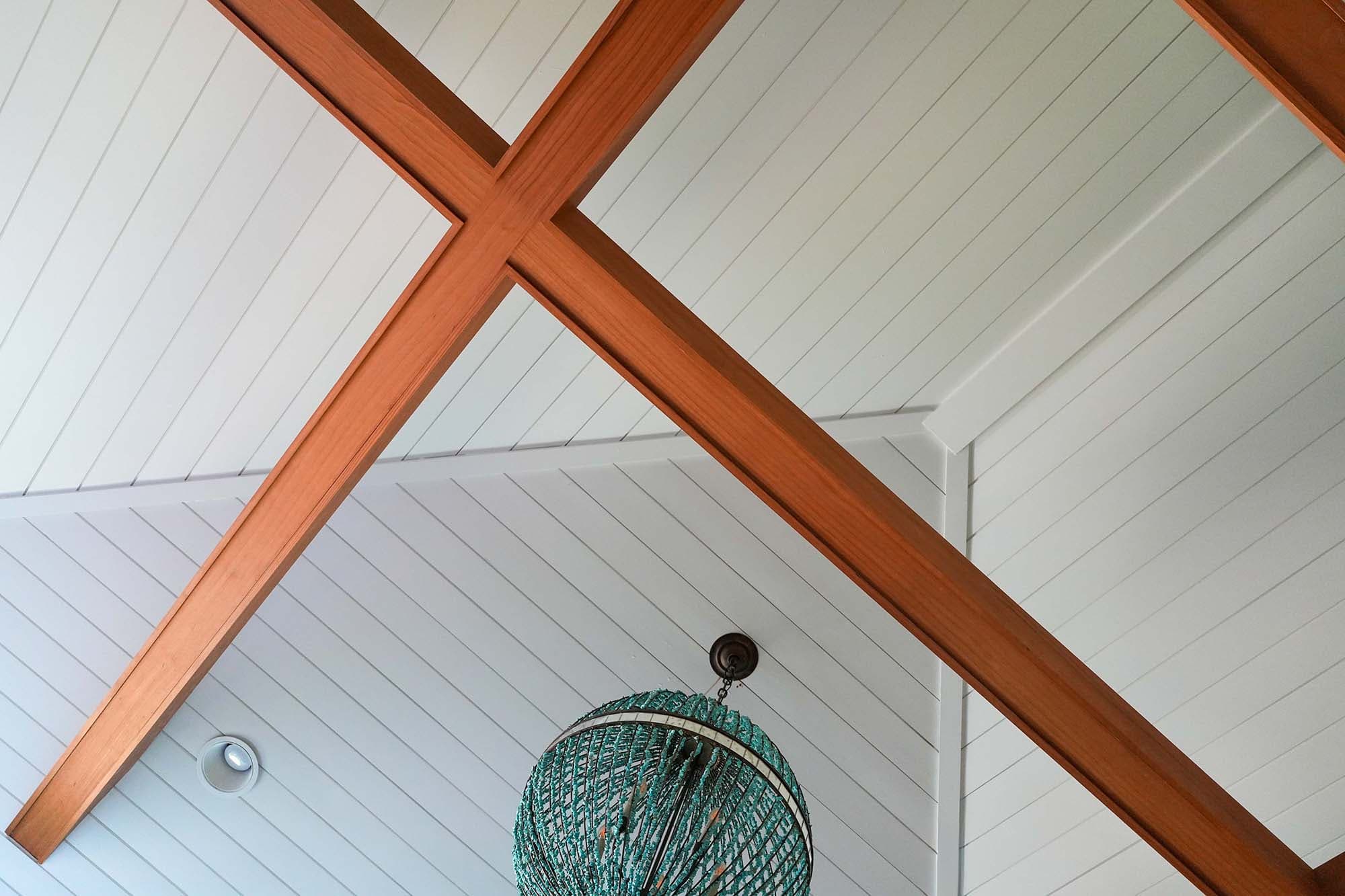 Sunroom Ceiling. Sunroom ceiling with crisp white shiplap and exposed wood beams, Franconia, PA